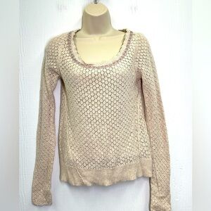 Free People - Ivory Open Knit Jeweled Neckline Tie Back Long Sleeve Sweater M